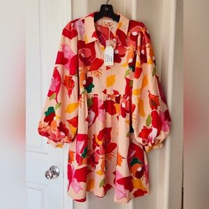 NWOT JODIFL Balloon  Sleeve Stripe Collar Floral Dress Size S